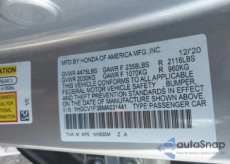 2021 Honda Accord Sport z USA, uszkodzony, nr VIN 1HGCV1F38MA031441